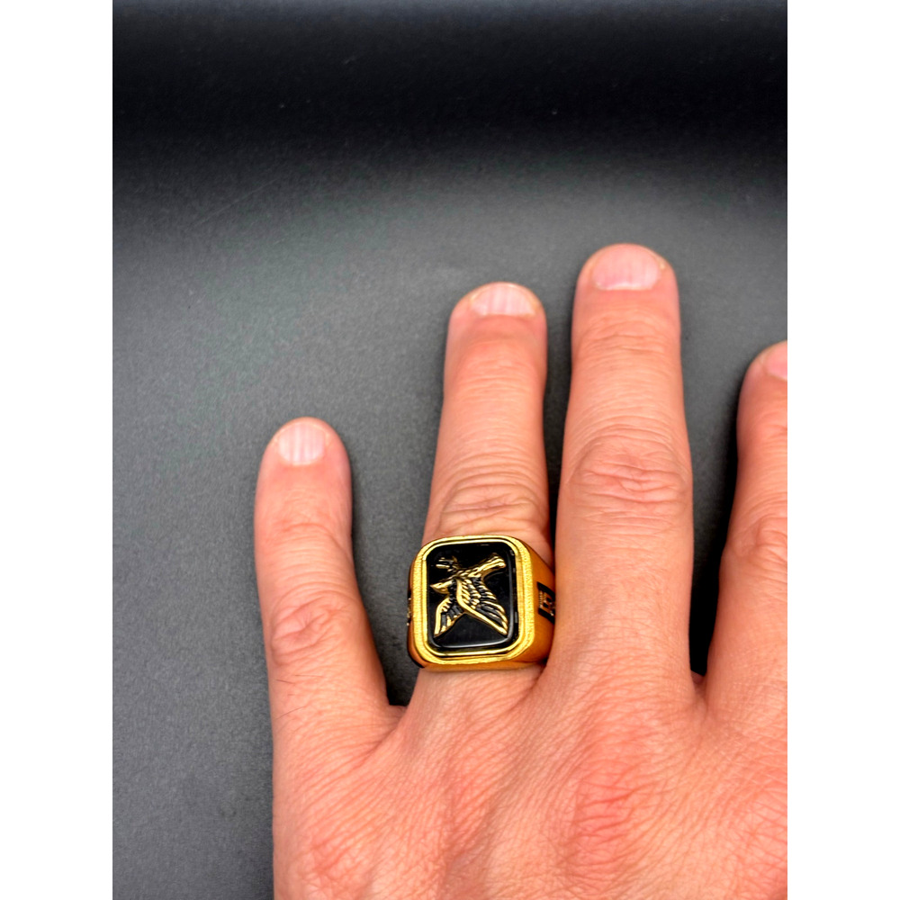 Blackjack BJZ03G Mens Onyx Eagle Ring 18K Gold Plated Stainless Steel NWT SZ#13 - Picture 8 of 16